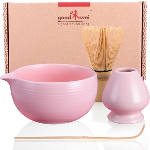 Goodwei Matcha Set mit Matchabesen, Löffel und Matcha Schale mit Besenhalter aus Keramik im passenden Design | Kunstvoll gefertigte Matchaschale Chawan mit Ausgießer, 450 ml (Camellia Pink)