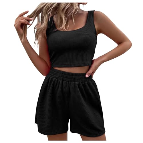 Sommer Outfits Damen, Zweiteiler Damen Sommer Outfits 2 Teiler Set Crop Tank Top + Shorts Hosenanzug Sport Outfit Loungewear Y2k Sportanzug Gym Anzug Sportset Für Teenager Mädchen Schwarz M