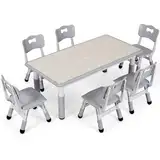 Clevich Kindertisch mit 6 Stühlen,Kinder Tisch Stuhl Set für Kindergarten und Kinderzimmer,Kindertischgruppe Höhenverstellbar,Plastik Kindermöbel,Sitzgruppe für Jungen Mädchen,Grau