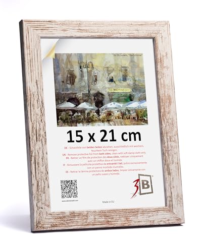3-B Bilderrahmen HIT - Weiß Rustikal (optisch gealtertes Weiß mit sichtbarer Holzmaserung) - 15x21 cm (A5) - Holzrahmen, Fotorahmen, Dokumentenrahmen mit Acrylglas