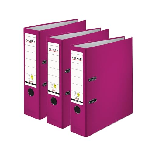 Original Falken 3er Pack PP-Color Ordner. Made in Germany. 8 cm breit DIN A4 Brombeere Vegan Kunststoff-Ordner Ringordner Aktenordner Briefordner Büroordner Plastikordner Schlitzordner