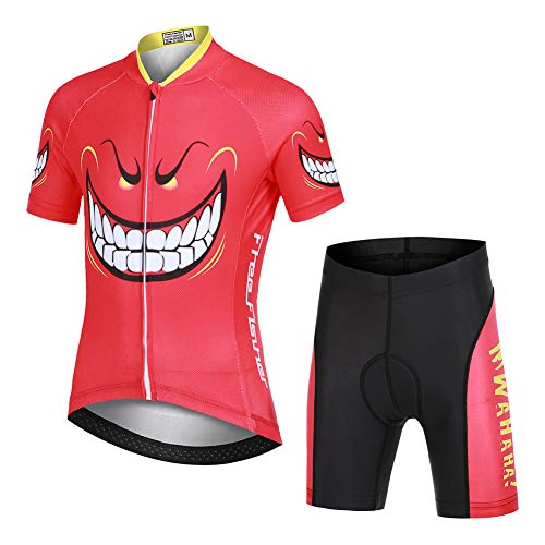 LPATTERN Kinder Radsport Bekleidung- Jungen/Mädchen Fahrrad Trikot-Set(Trikot Kurzarm+Kurz Radhose)/Radtrikot Kurzarm/Kurz Fahrradhose mit Sitzpolster,Rot Monster(Anzug),134/140(Tag:L)