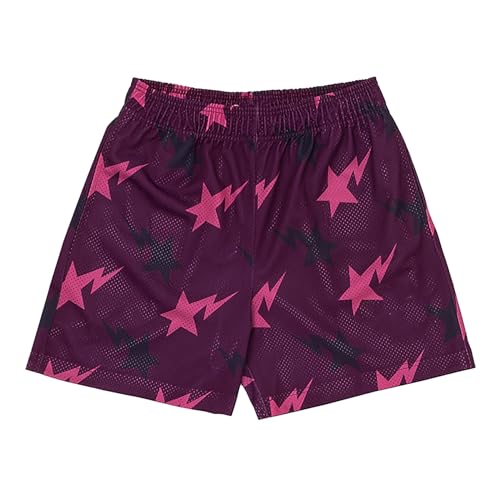 DIOTSR Herren-Basketball-Shorts mit Grafikdruck, coole Mesh-Basketball-Shorts, leger, flache Vorderseite, Sommer-Shorts, 02 Weinrot-Rosa Stern, Mittel