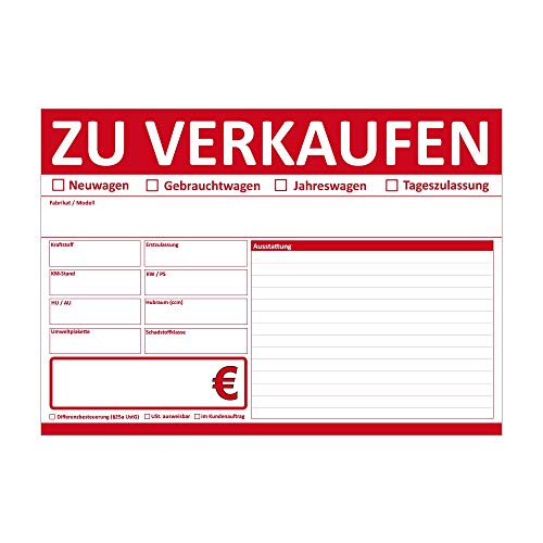 KFZ Auto Verkauffschilder DIN A4 "ZU VERKAUFEN" beidseitig bedruckt (Rot, 10 Stück)