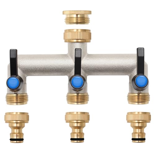 Wasserverteiler 3 Wege, Messing Wasseranschluss verteiler, Verlängerter Griff 3/4 Zoll Adapter mit 3 Stück 3/4 Zoll auf 1/2 Zoll Hahnanschluss für Haus, Hof/Waschmaschine