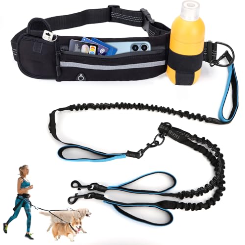 Nobleza Joggingleine für 2 Hunde mit Bauchgurt, Freihändig Laufleine für Hunde, Reflektierend Elastisch Laufleine zum Joggen Laufen Wandern
