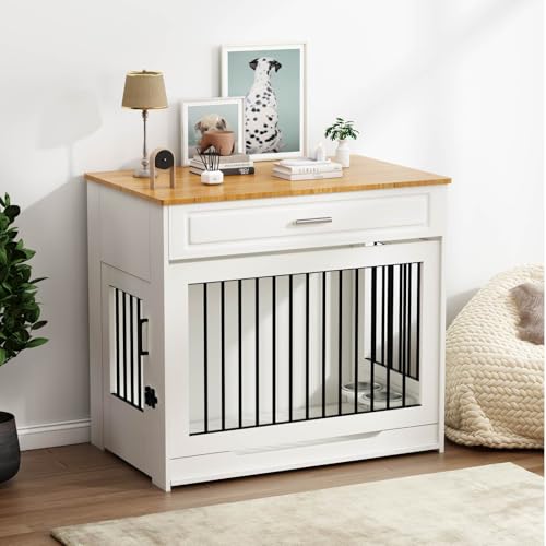DAWNYIELD Hundekiste Möbel, Hölzerne Hundekäfig mit Klappe nach Oben Tür und Schublade, Möbel Stil Indoor-Hundezwinger End Tabelle mit 360 ° Drehbare Hundenapf Weiß