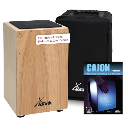 XDrum Cajon Primero Natur - Kistentrommel inkl. Rucksacktasche und Schule - Trommelkiste mit Snare Sound - Holz Drum Kiste mit Gigbag