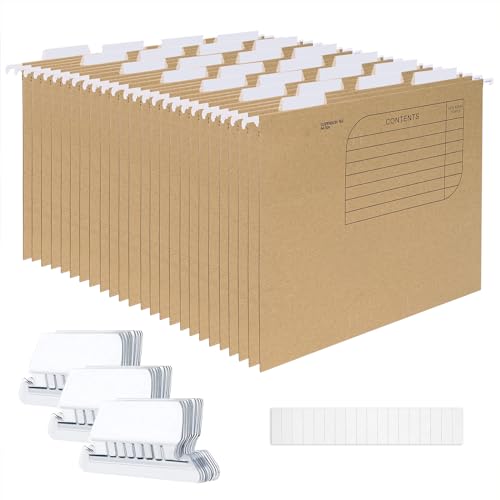 Srvnpioy 25 Stück Hängehefter DIN A4, aus Karton Kraftpapier, A4 Hängeregister Hängetasche mit Reitern und Karteneinsätzen, Hängemappen A4 für Schule, Zuhause, Arbeit, Büro