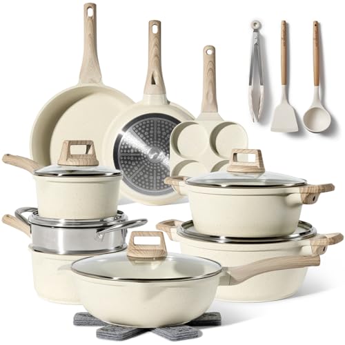 JUST PERFECTO Induktions Töpfe Set - Pfannenset mit deckel - Induktions Töpfe Set - töpfe & pfannen set ohne PTFE und PFOA - Kochgeschirr Topfset induktion (21 pcs Biege)