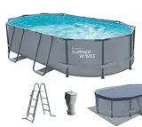 Summer Waves Frame Pool Komplettset | Oval 488x305x107 cm Grau | Aufstellpool Set | Gartenpool & Schwimmbecken inkl. Filterpumpe, Bodenvlies, Abdeckplane & Einstiegsleiter