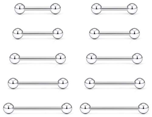 vcmart 10er Silber Zungenpiercing Set Chirurgenstahl 14G Piercing Zunge 12/14/16/18/20mm Verschiedene Grössen