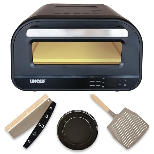 Unold 68815 Pizzaofen Don Luigi - Schwarz, Elektrischer Ofen, 1.700 Watt, rostfreier Edelstahl, bis 400°C, nur ca. 2 Min. Backzeit, inklusive Pizzastein, Pizzaschieber, Pizzabackform, Pizzaschneider