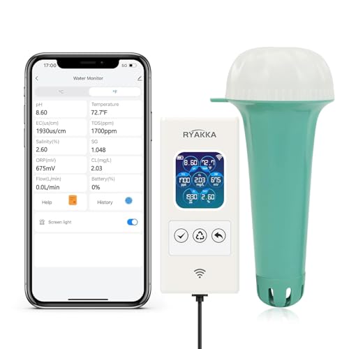 RYAKKA Smart Wassertestgerät für Pools,Teich 7-in-1-Chlor, PH, SAL,Temp,ORP,TDS,EC Messgerät Rapid WLAN Pooltester mit App Automatische Meldung Wassertester für Whirlpools & Spa