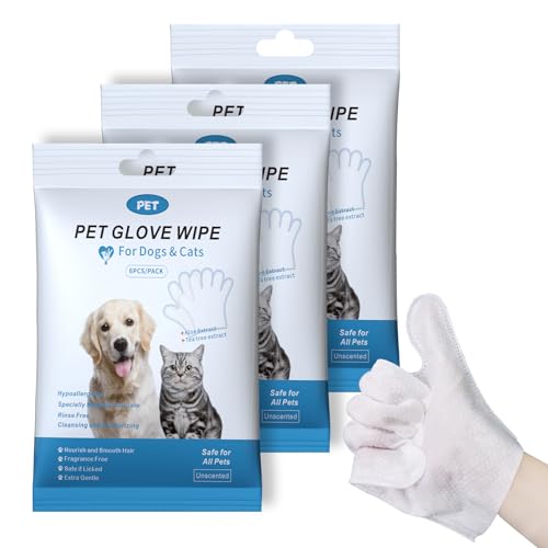 Handschuhtücher für Haustiere, Reinigungs- und desodorierende Fellpflegehandschuhe, Hundetücher für die tägliche Körperpflege, Fellpflegetücher für Katzen, geruchs- und parfümfrei, 3er-Pack/18 Stück