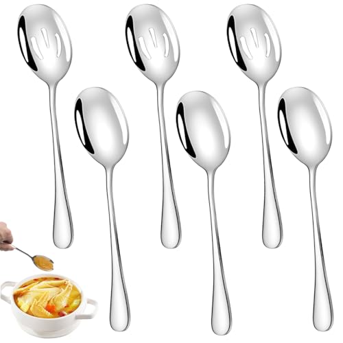 6 Stück Servierlöffel Aus Edelstahl, 3 Servierlöffel Mit Langen Griffen Und 3 Schlitzlöffel, 21cm Großer Löffel, Vorlegelöffel, Große Bestecksätze Für Buffets, Partys, Bankette, Kochen, Küchen
