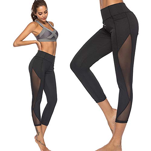 Generisch Sport Leggings Damen Sexy Mesh Yoga Hose 7/8 Legging High Waist Yoga-Leggings Skinny Stretch Sporthose Jogginghose Bauchkontrolle Nicht durchsichtig Capri Sportleggings