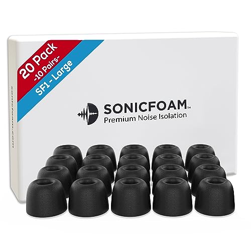 SONICFOAM Memory-Schaum-Ohrhörer-Aufsätze - Prämie Geräuschisolierung, Ersatz-Ohrhöreraufsätze aus Schaumstoff, 20 Stück für In-Ear-Kopfhörer (SF1 groß, Schwarz)