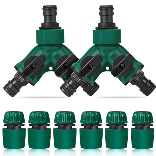 2 Wege Verteiler Wasser, 2 Stück 3/4 Zoll 2 Wege Verteiler Wasser mit Ventil, 6 Stück Schlauchverbinder 1/2 Zoll, Geeignet für Landschaftsbau, Gartenbau, Blumenanbau, Bewässerung