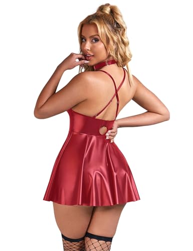 Lederkleid Damen Große Größen Elegant Partykleid Kurz Leder Kleid Wetlook Dessous Sexy Curvy A-Linie Minikleid V-Ausschnitt Clubwear Outfit für Mollige Frauen Negligee Reizwäsche Rot,L
