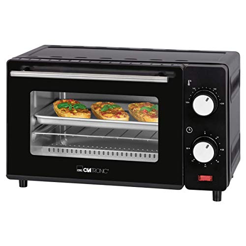 Clatronic® Mini-Backofen | 8 Liter Backraum | 2 variable Einschubhöhen | 2 Quarz-Heizelemente| Ober- und Unterhitze | 100 °C–230 °C | Inkl. Grillrost, Backblech, Zange | MB 3746 schwarz