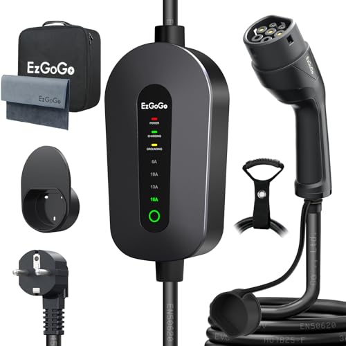 EzGoGo Typ 2 Ladekabel Schuko 3,68kW [1-phasig / 6,1m / 6-16A], Type2 Schuko EV Chargers Lieferung Tragbare Tasche | Halterung | Mikrofaserstoff | Handschlaufe, Kompatibel mit Allen PHEV/EV