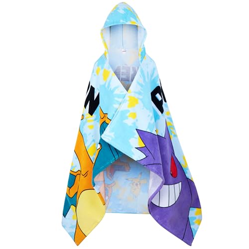 Pokemon Handtücher Badeponcho Kinder mit Kapuze Kuschelig und Saugstark Pikachu Strandtuch Baumwolle Poncho Badetuch Jungen und Mädchen (Blau, 6-14 Jahre)