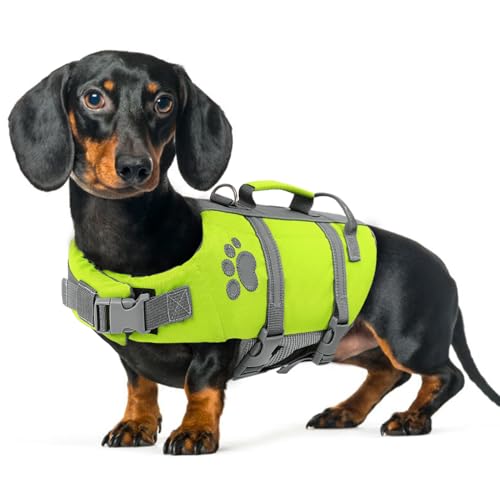 Queenmore Schwimmweste Hund Klein, Verstellbar Rettungsweste, Reflektierende Hunde Schwimmweste Mit Rettungsgriff, Schwimmweste Dackel Französische Bulldogge, Schwimmweste Kajak Surfen, Grün, S
