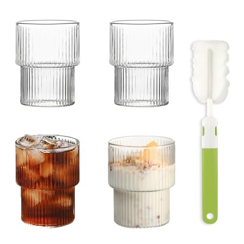 UptVin 4 Stück Geriffelte Gläser Kaffeegläser Set, 300ML Gerippt Trinkgläser, Klar Eiskaffee Tassen mit Schwammbürste Tasse, Stapelbar Wassergläser für Cocktails Whiskey Tee Soda Kaffee