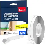 GAUDER Klettband für Fliegengitter aus Polyester (12 Meter) | Klettband selbstklebend extra stark für Mückennetz | Transparentes Befestigungsband für Fliegennetz & Insektengitter