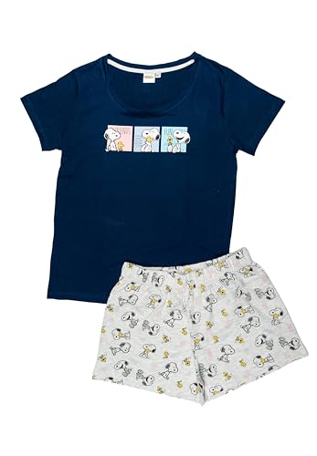 United Labels The Peanuts Snoopy Schlafanzug für Damen - Pyjama Set Kurzarm Oberteil mit Shorts Blau/Grau (DE/NL/SE/PL, Alphanumerisch, M, Regular, Regular, Blau/Grau)