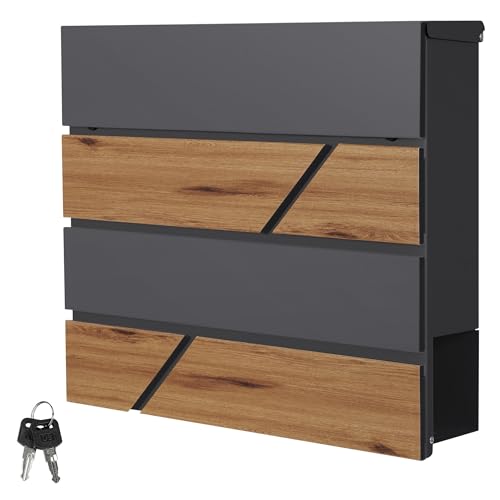 ML-Design Briefkasten Anthrazit/Holzoptik Eiche, Stahl, 37x37x11 cm, Moderner Postkasten mit Zeitungsfach, abschließbar, 2 Schlüssel, Design Wandbriefkasten mit Zeitungsrolle, Mailbox für Wandmontage
