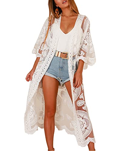 Damen Strandkleid Bikini Cover Up lang Spitze Kimono Strandponcho Sommer Beachwear Badeanzug Überwurf mit Blumenmuster Badevertuschung Häkelkleid für Urlaub Pool Strand