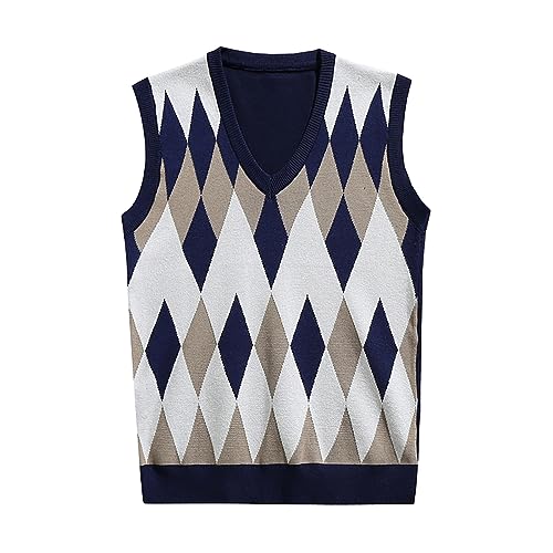 Tobysper Strickweste Herren Pullunder V-Ausschnitt Kariert Pullover Weste Klassische Argyle-Pulloverweste Baumwolle Regular Fit West ärmelloser Pullover für Männer Arbeits Pullunder