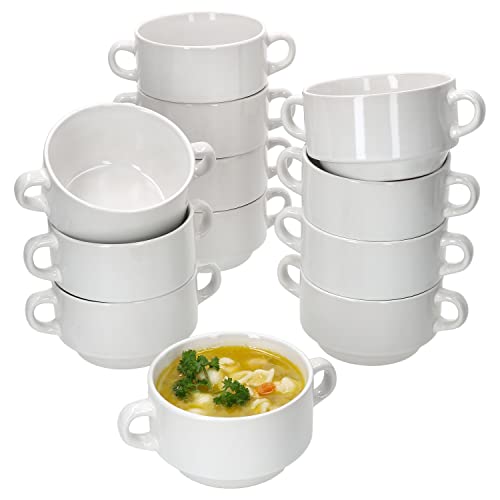 MamboCat 12er Set Stiva Suppenschale 250 ml I Weiß I Für 12 Personen I Suppentasse, Suppenterrine, Soup-Bowl Porzellan-Schale, stapelbar 18x12,5x8,5cm kleine Schüssel Henkel für Eintopf & Suppe