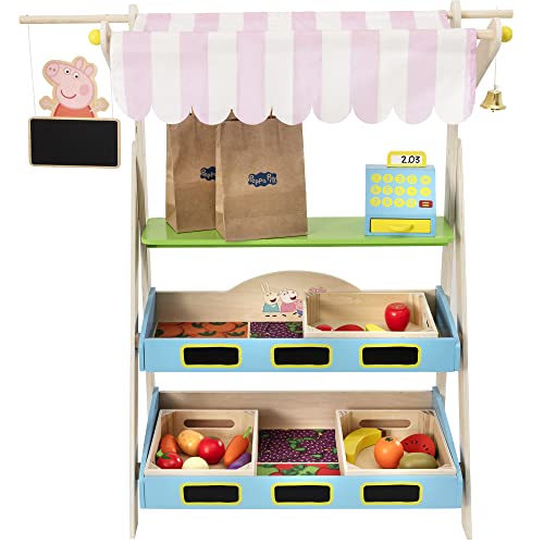 HTI Peppa Pig Holzmarkt-Shop | Pretend Shop mit Pretend Food, Pretend Shop Stand, Registrierkasse, Spielgeld & Einkaufstaschen | Peppa Pig Kinder Lebensmittelladen Spielzeug Rollenspiel | ab 3 Jahren