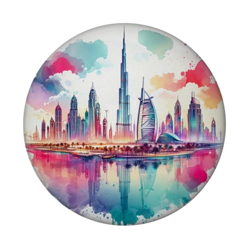 Dubai Magnet rund Exklusiver Dubai Magnet für Souvenir-Sammler Wahrzeichen Wolkenkratzer-Architektur Städtische Skyline Orient-Charme aus dem Nahen