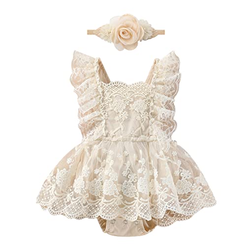 Neugeborenes Baby Mädchen Spitzen Strampler Rüschen Ärmellos Body Einteiler Prinzessin Bodysuit Tütü Tüll Kleid mit Blumen Stirnband 1. Geburtstag Outfit Taufe Fotoshooting Kostüme Aprikose 0-3 Monate