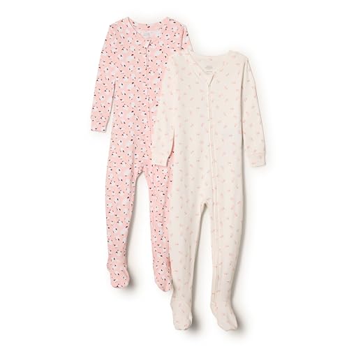 Amazon Essentials x Sofia Grainge Unisex Baby Eng anliegender Pyjama aus Baumwolle mit Fuß, 2er-Pack, Kleine Häschen/Schaf, 0-3 Monate