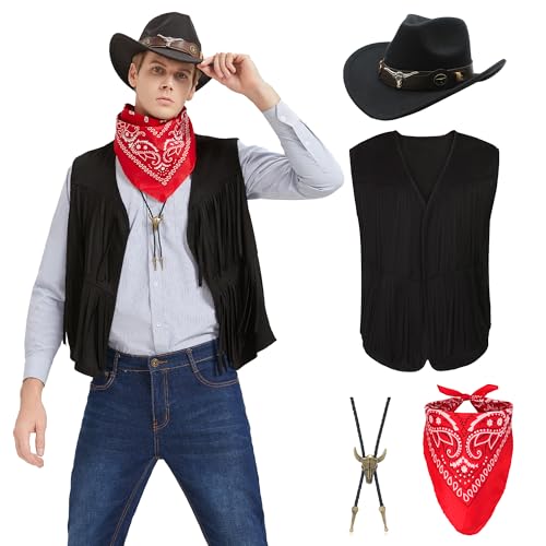 Firecos Cowboy Kostüm Herren Western Cowboy Cosplay Fransenweste mit Hut Halstuch Vintage-Halskette für Karneval Hippie Kostüm Set für Erwachsene (Schwarz, XXL)