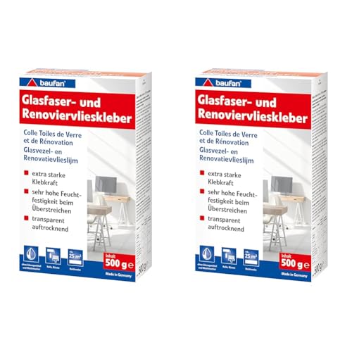 Baufan Glasfaser- und Renoviervlieskleber 500g I Starker Tapetenkleister für schwere Wandbeläge & Raufaser I Ohne Lösungsmittel I Für Rolle & Bürste (Packung mit 2)