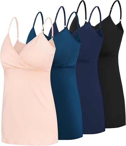 SUIEK Still-Tank-Tops, Umstands-Tank-Tops, Baumwolle, Cami, Stillen, Schlaf-Bralette, 4 Stück, B-Schwarz + Marineblau + Hautfarben + Atroviren, 4er-Pack, Groß