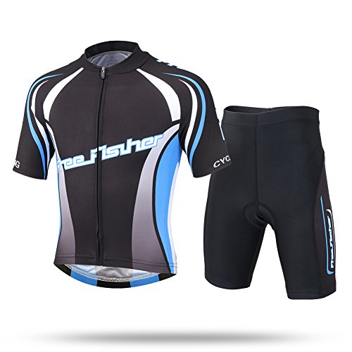 LSHEL Kinder Jungen Radtrikot Set Mädchen Fahrrad Trikot Kurzarm und Radhose mit Sitzpolster Radsport Anzüge, Schwarz blau, 134/140(Herstellergröße: XL)