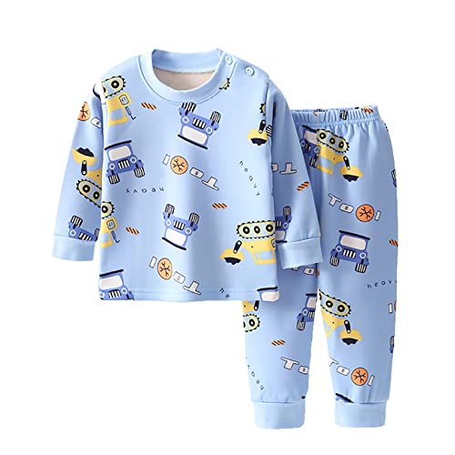 TTAO 2 TLG Baby Mädchen Jungen Schlafanzug Winter Kleidung Sets Kleinkind Baumwolle Langarmshirt und Hosen Nachtwäsche Pyjama Set Blau&Bagger 74-80