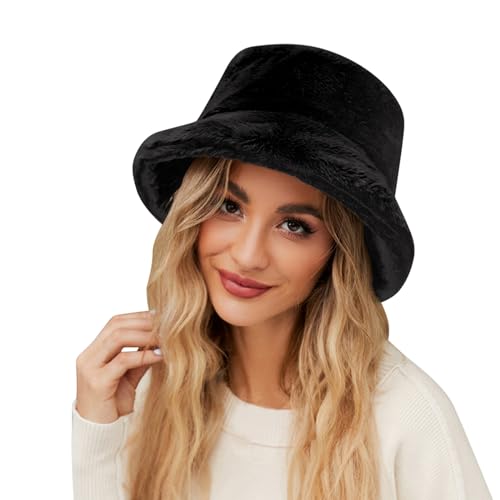 Strickhut Damen Winter Einfarbige Fischermütze für Damen Winter warme Mütze Kunstplüsch Winter-Freizeitmütze Fischerhut Druck (Black One Size)
