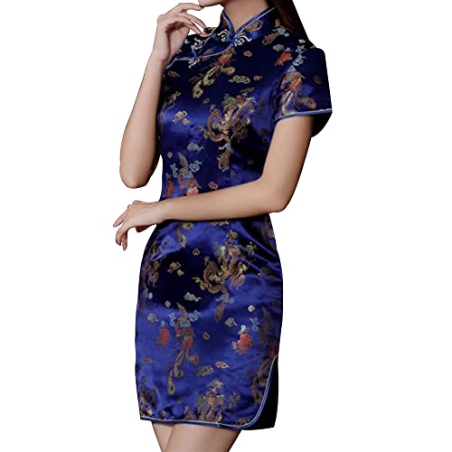 Cheongsam Kleid für Frauen Qipao Slim Fit Kurzarm Bodycon Mandarinenkragen Seitenschlitz Chinesisches Blumendruck Drachenkleid, Dunkelblauer Drache, 4X-Groß