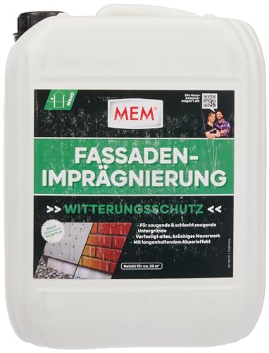 MEM Fassaden-Imprägnierung, Langanhaltender Abperleffekt, Auch für schlecht saugende Untergründe, Einfache Anwendung, Lösemittelfrei, 10 l, Milchig-weiß