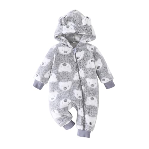 Yanmucy Neugeborenes Baby Winter Strampler mit Kapuze Cartoon Bär Baby Schneeanzug Warm Fleece Reißverschluss Baby Mädchen Junge Overall 0-18 Monate (Grau, 6-9 Monate)