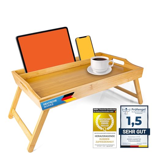 Frühstückstablett Bambus Bett-Tablett Serviertablett Betttisch mit klappbaren Beinen - auch als Lapdesk, Notebook-Tisch verwendbar (Deluxe)