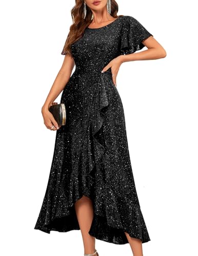 Berylove Ballkleider Damen Lang Kleid Herbst Damen Abendkleider Elegant für Hochzeit Glitzer Kleid Hochzeitsgast Kleid Festkleid A Linie Kleid S007 Black 2XL